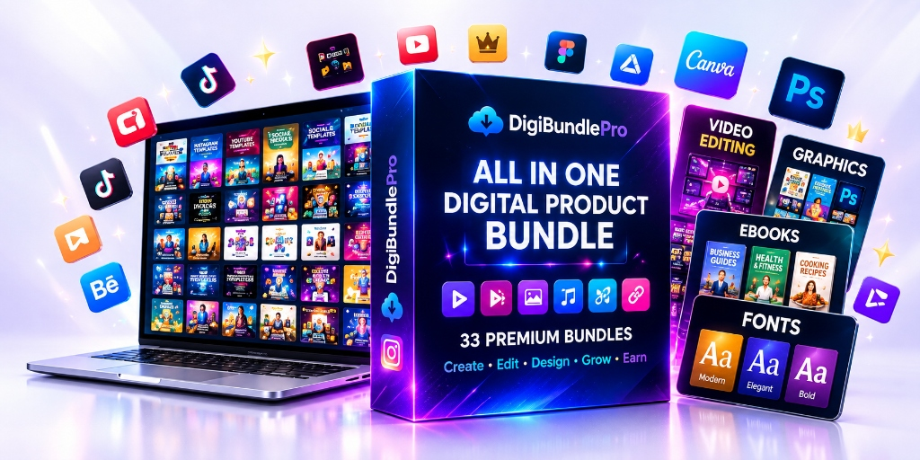 DigiBundlePro 33 Bundles Package Showcase with Laptop, 3D Box and Category Cards